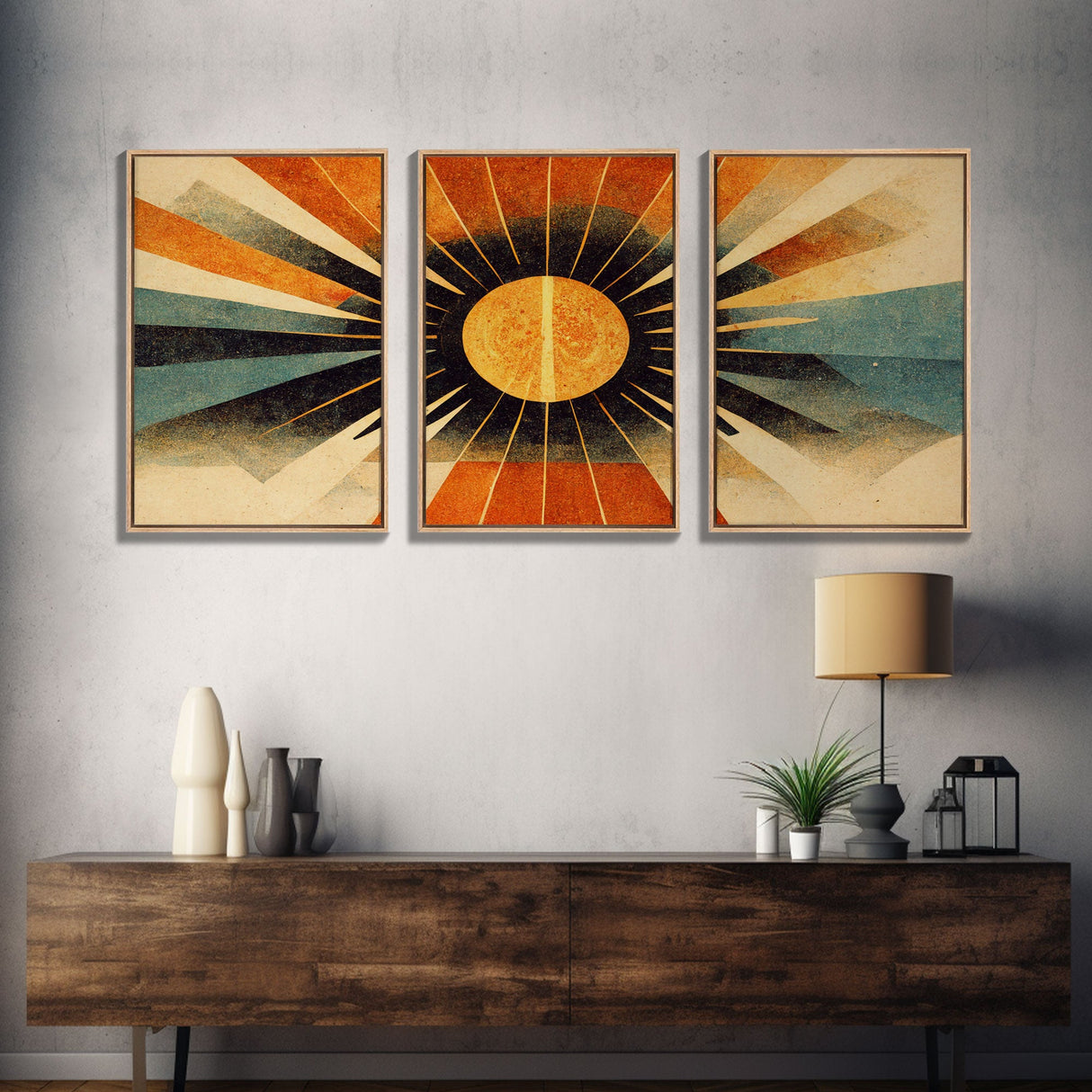 Abstract Midcentury Modern Sunburst, Art Deco Style art, sun with rays, sun burst, boho style, 3 Piece Wall Art, Ready To Hang Canvas Print