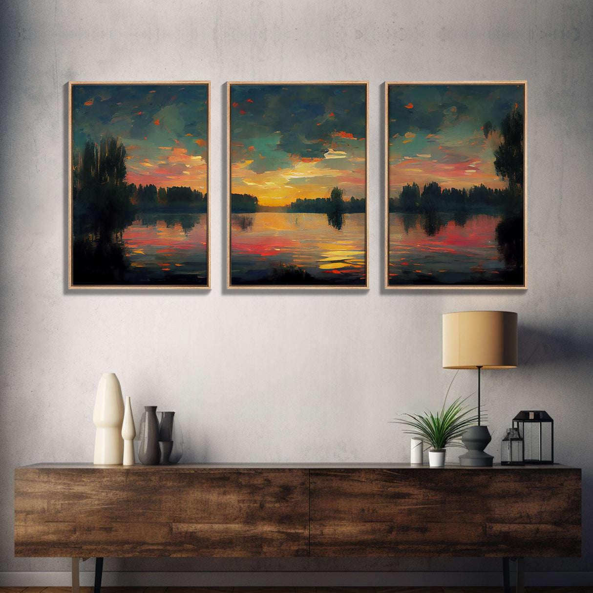 Lakehouse Canvas Print, watercolor painting of a sunset reflected on a lake, 3 Piece Wall Art, Ready To Hang Canvas Print