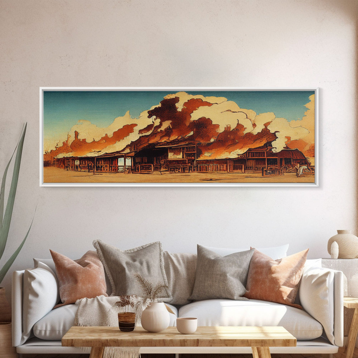 Wild West Canvas Art, Ready To Hang Canvas Print, Panoramic Art, Old West Saloon On Fire