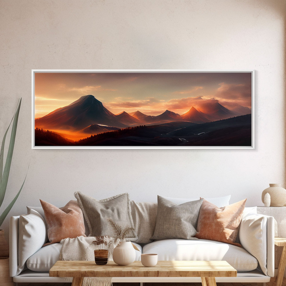 Sunset Over The Mountains, Ready To Hang Canvas Print, Panoramic Art, Above Bed Art, Above Couch Art, Above Sofa Landscape Decor