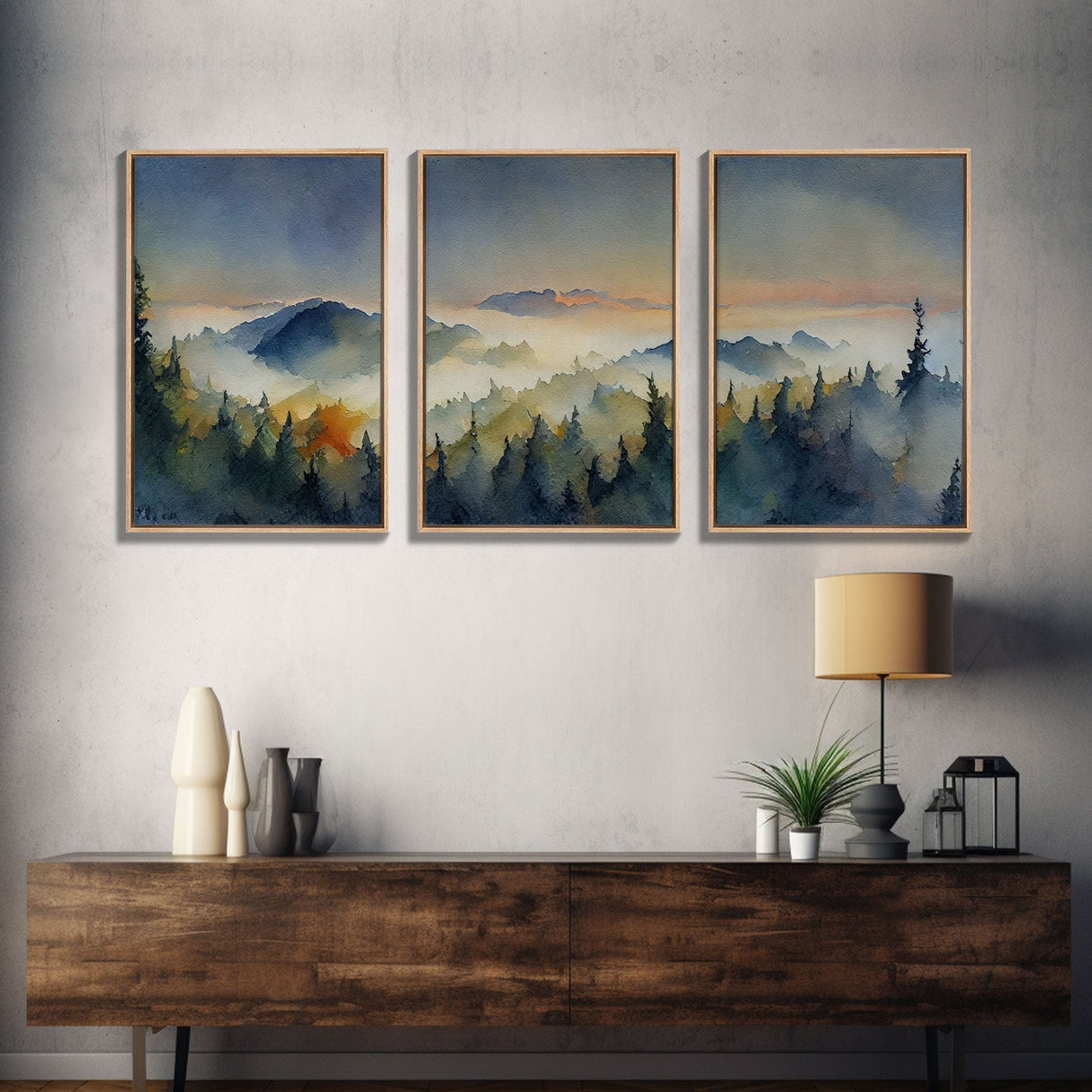 Three Piece Framed Canvas Wall Art Green Mountain Oil Landscape Prints Nature Rustic Home Artwork Decor for Living Room Bedroom, 3 Piece