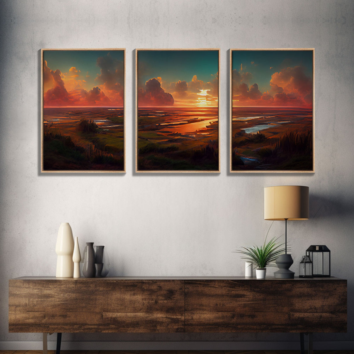 Ocean At Sunset, Lakehouse Wall Decor, 3 Piece Canvas Decor, 3 Piece Wall Art, Ready To Hang Canvas Prints