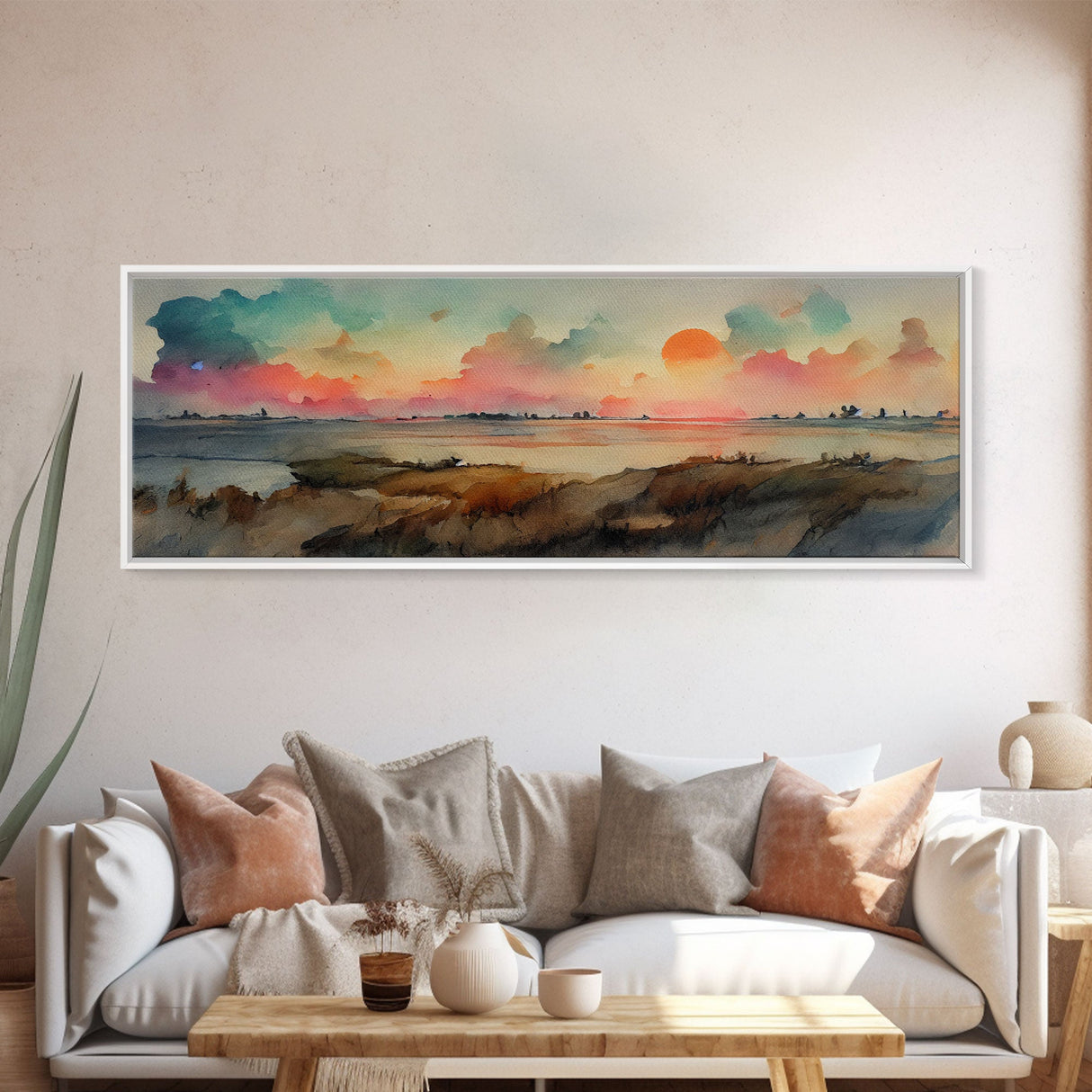 Watercolor Landscape Painting Print, Ready To Hang Panoramic Canvas Print, Whimsical Water Color Sunset, Hazy Smoky Sky