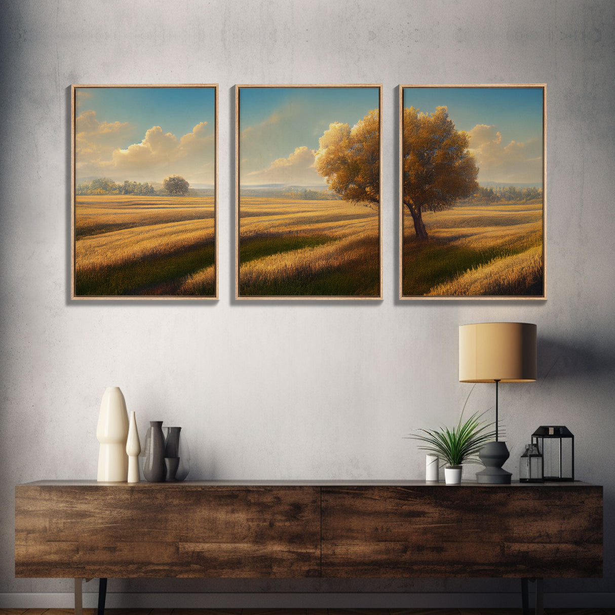 A lone tree in a Texas field, Canvas print, Texan art, Prairies, fields and grass, 3 Piece Wall Art, Ready To Hang Canvas Print