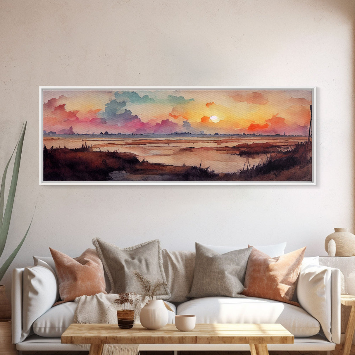 Watercolor Landscape Painting Print, Ready To Hang Panoramic Canvas Print, Whimsical Water Color Sunset, Hazy Smoky Sky, Huge Wall Art