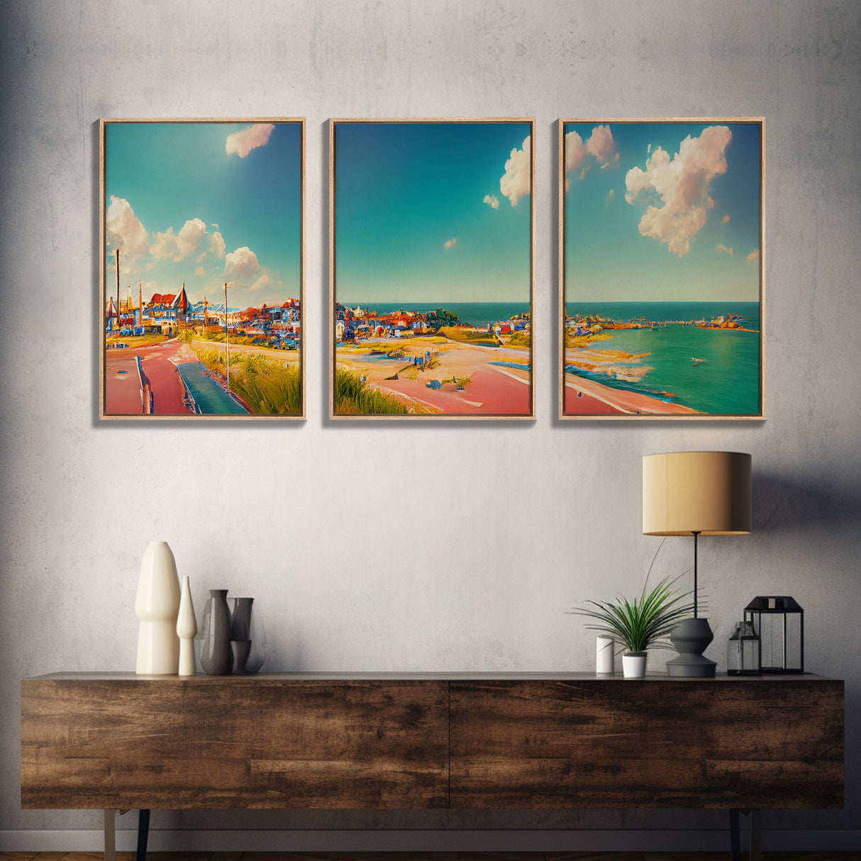 Italian Seaside Village, Cool Beach House Art, Lakehouse Wall Decor, 3 Piece Canvas Decor, 3 Piece Wall Art, Ready To Hang Canvas Prints