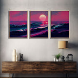 Outrun Style Synthwave Sunset Ocean Waves, 3 Piece Wall Art, Ready To Hang Canvas Print, Cool Unique Lakehouse Wall Art Decor