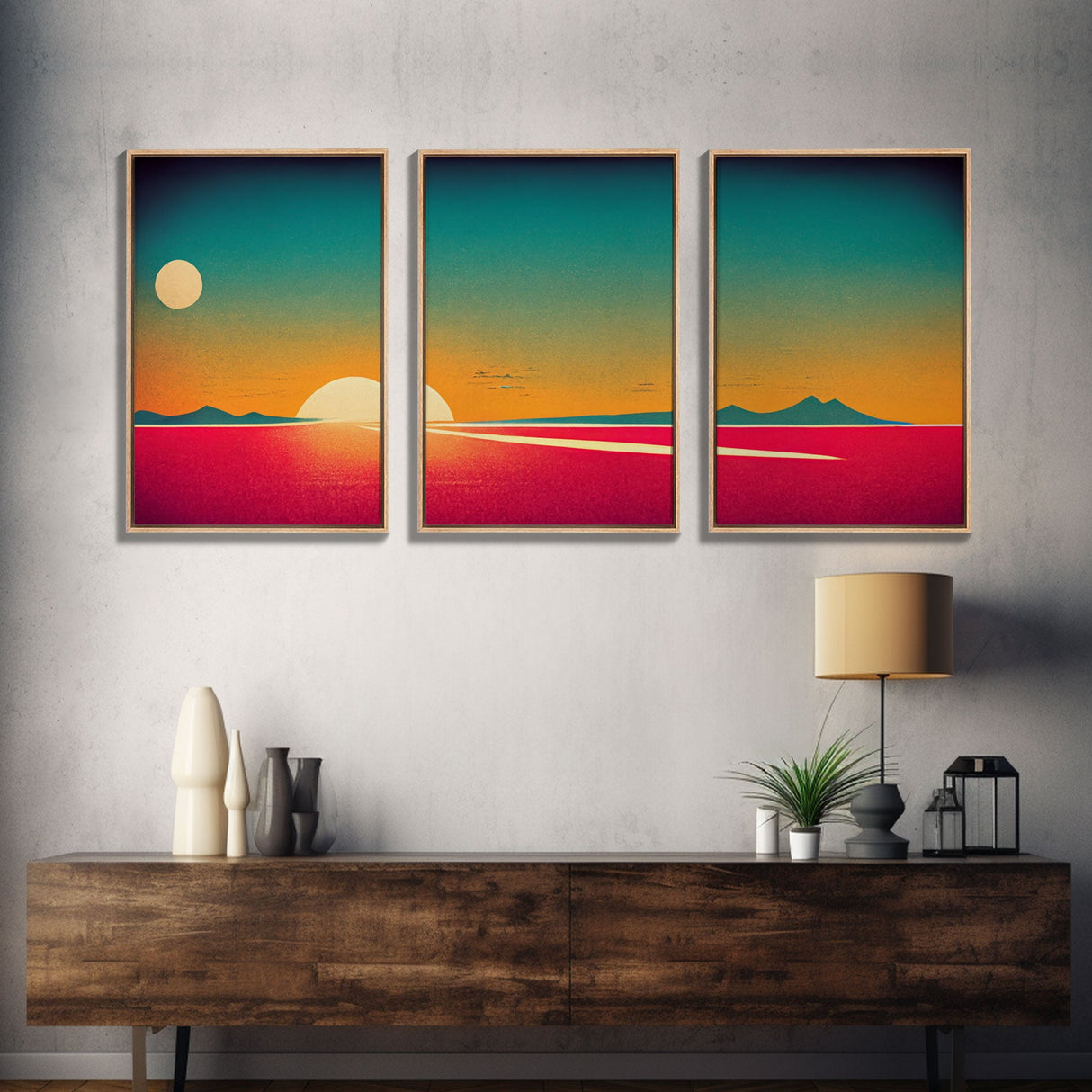 Art Deco Sunset, 3 Piece Wall Art, Ready To Hang Canvas Print, Cool Unique Living Room Wall Art Decor