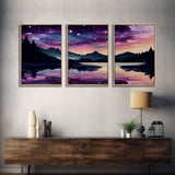 Fantasy Starry Night Magical Forest Landscape, 3 Piece Wall Art, Ready To Hang Canvas Print, Cool Unique Living Room Wall Art Decor