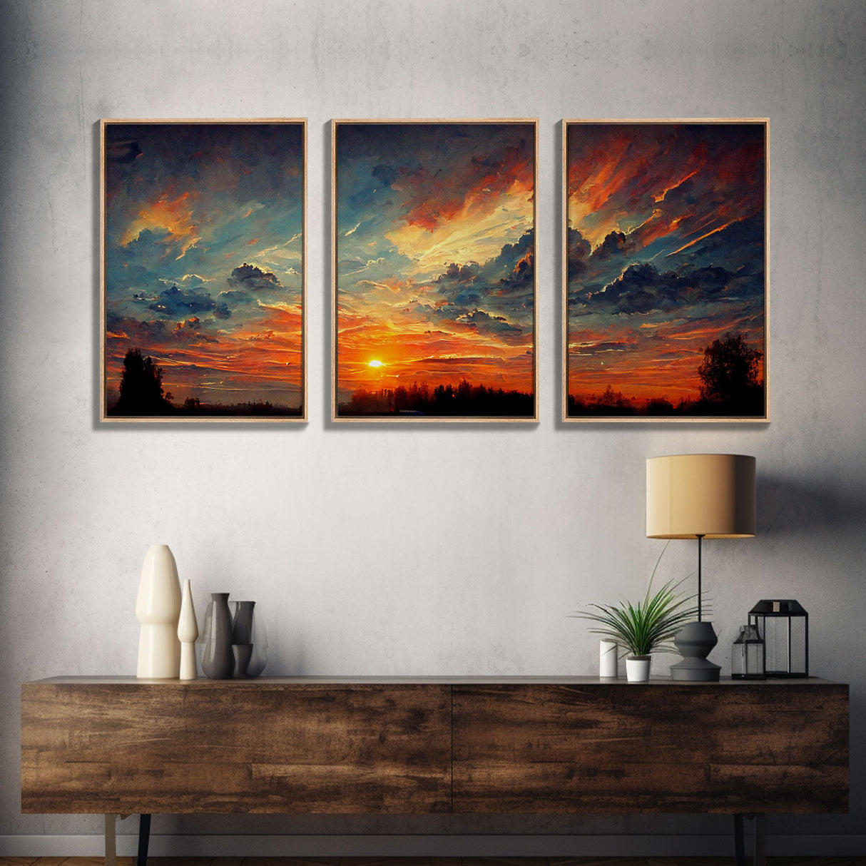 Forest Sunset Wall Decor, Oil Painting Style, 3 Piece Wall Art, Ready To Hang Canvas Print, Cool Unique Living Room Wall Art Decor