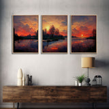 Forest Sunset Wall Decor, Oil Painting Style, 3 Piece Wall Art, Ready To Hang Canvas Print, Cool Unique Living Room Wall Art Decor