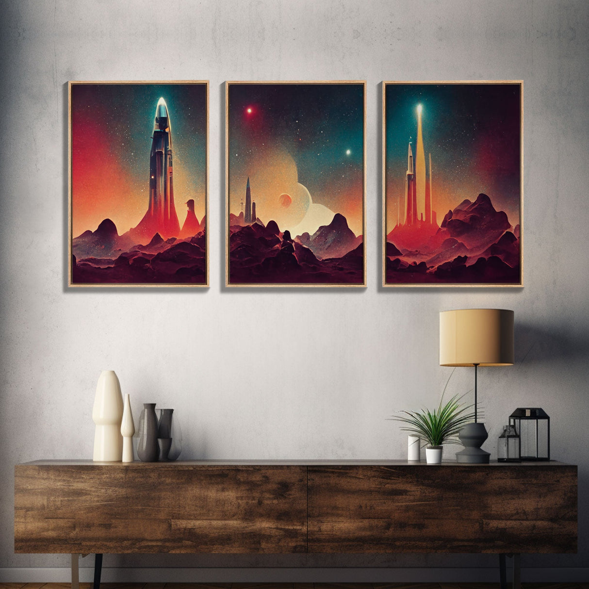 Art Deco Scifi Art, Science Fiction Space Ships, 3 Piece Wall Art, Ready To Hang Canvas Print, Cool Unique Mancave wall Art Decor