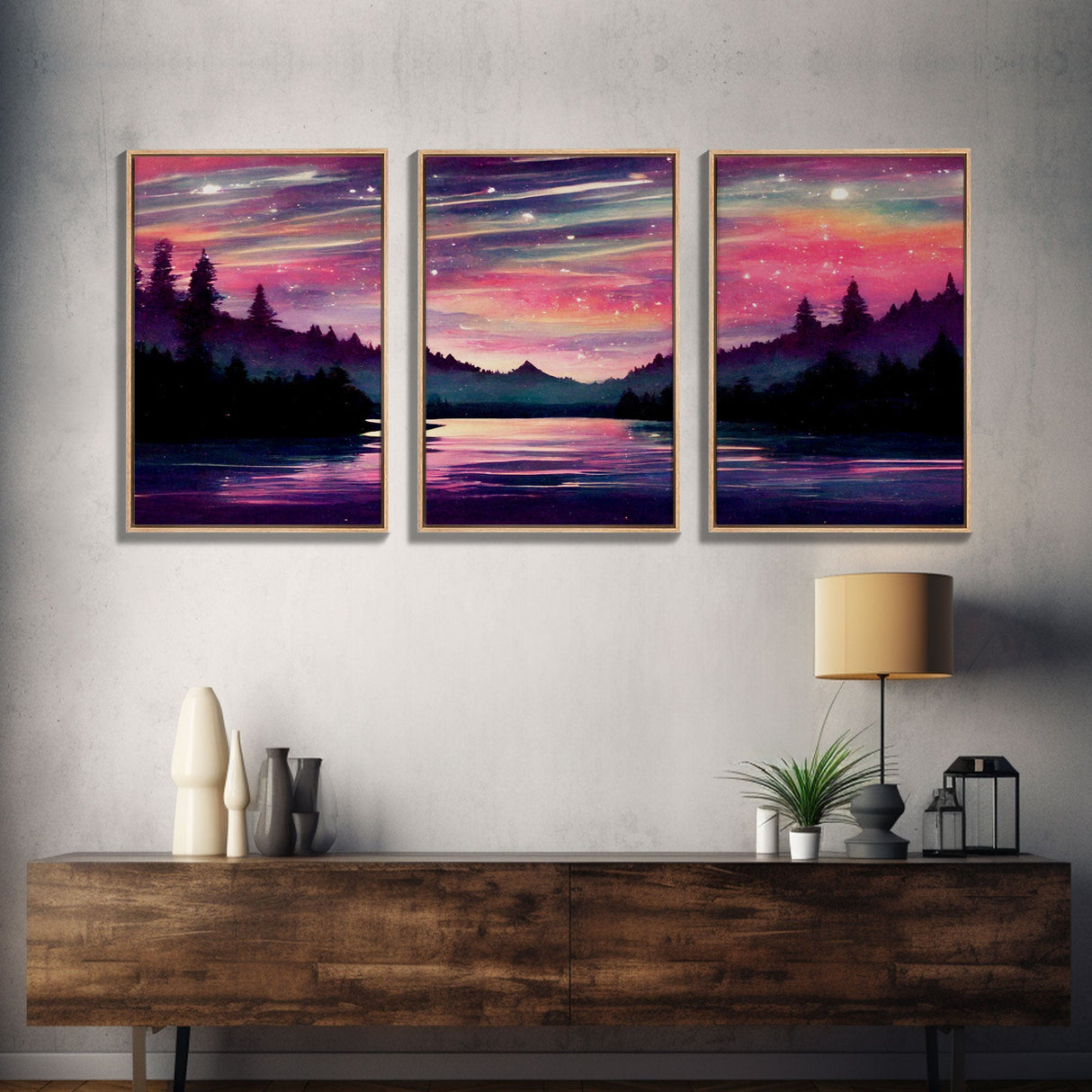 Starry Night Magical Forest Fantasy Landscape, 3 Piece Wall Art, Ready To Hang Canvas Print, Cool Living Room Wall Art Decor