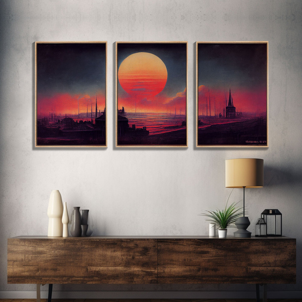 Haunted Sunset, Spooky Halloween Art, Gloomy Wall Decor, 3 Piece Canvas Decor, 3 Piece Wall Art, Ready To Hang Canvas Prints