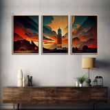 Art Deco Brutalist Architecture, Dystopian, 3 Piece Wall Art, Ready To Hang Canvas Print, Beautiful Living Room Wall Art Decor