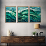 Emerald Green Wall Decor, Sea Green Ocean Waves Abstract, 3 Piece Canvas Decor, 3 Piece Wall Art, Ready To Hang Canvas Prints