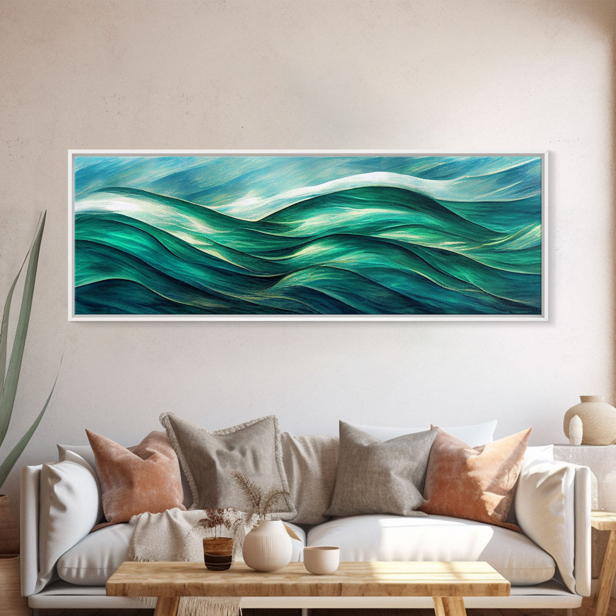 Sea Green Ocean Waves, Ready To Hang Canvas Print, Panoramic Art Deco Style Wall Decor, Emerald Green Wall Art