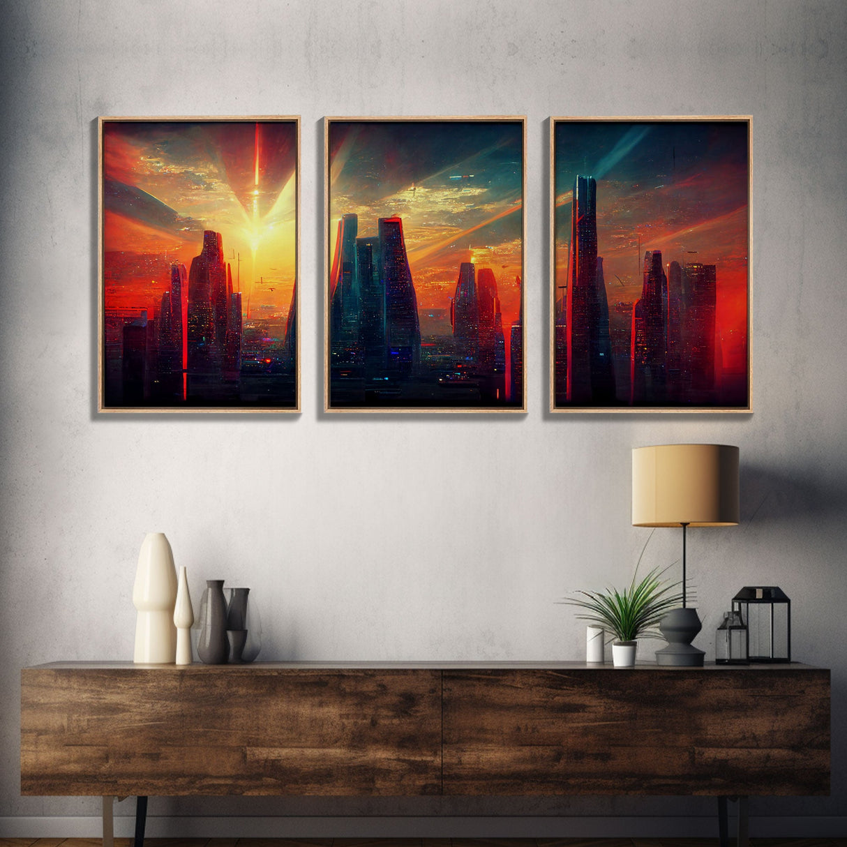 Cyberpunk City At Sunset, Futuristic, 3 Piece Wall Art, Ready To Hang Canvas Print, Cool Living Room Wall Art Decor