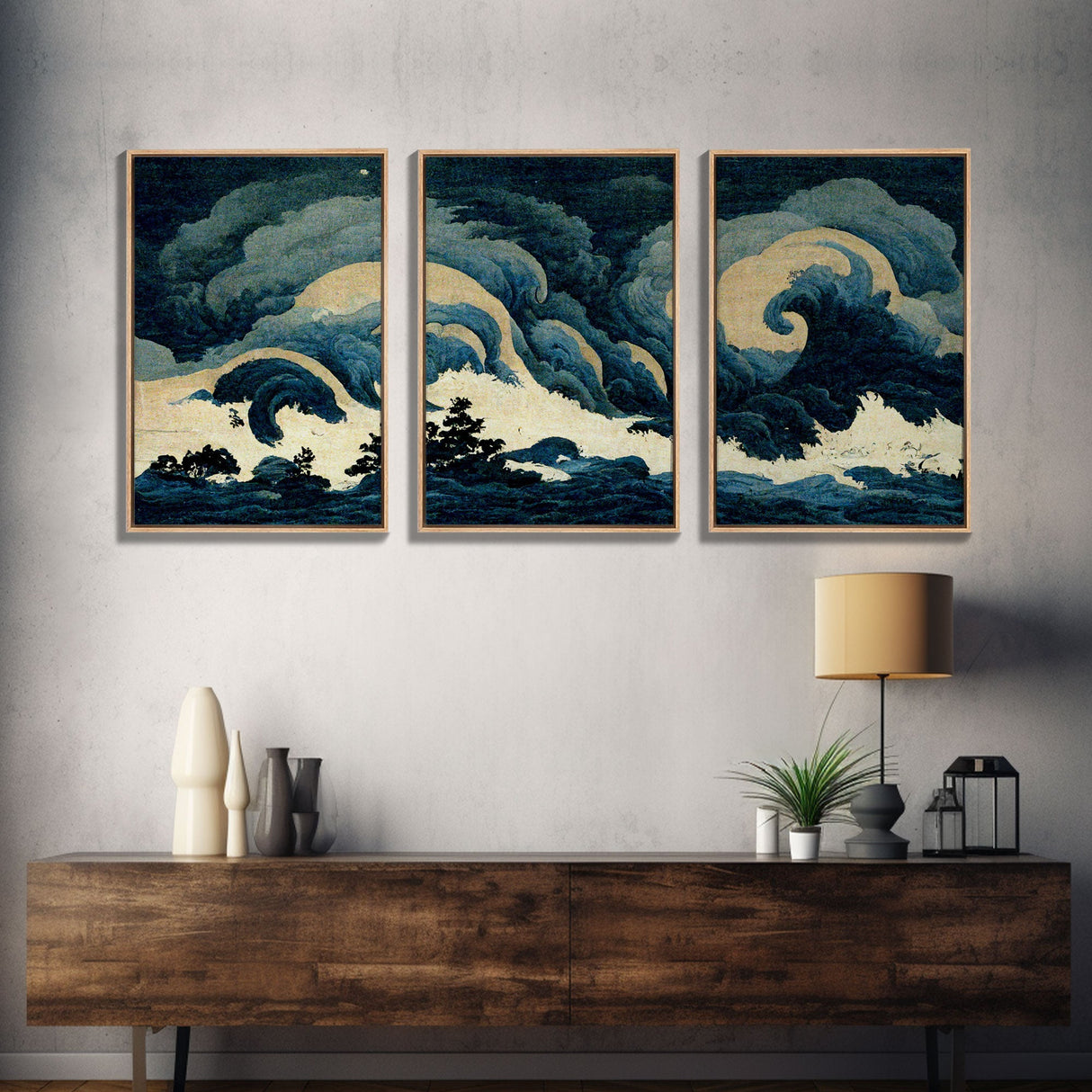 Retro Japanese Style Wave Art, A Storm Torrent, 3 Piece Wall Art, Ready To Hang Canvas Print