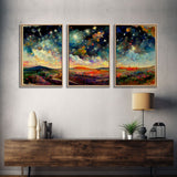 Night Starry Sky Landscape Colorful Night Sky Nature Living Room Wall Art Spiritual Starry, 3 Piece Wall Art, Ready To Hang Canvas Print