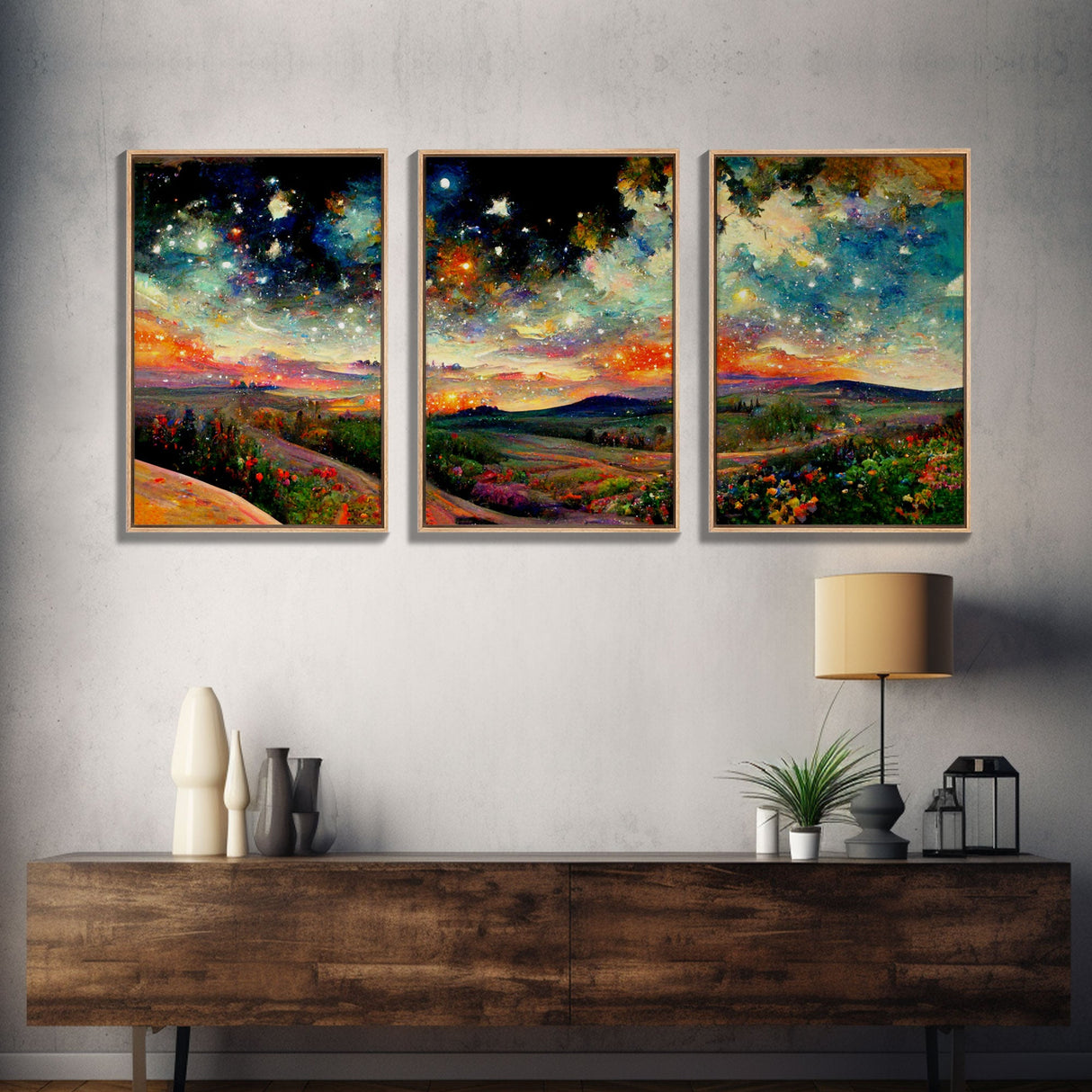 Night Starry Sky Landscape Colorful Night Sky Nature Living Room Wall Art Spiritual Starry, 3 Piece Wall Art, Ready To Hang Canvas Print