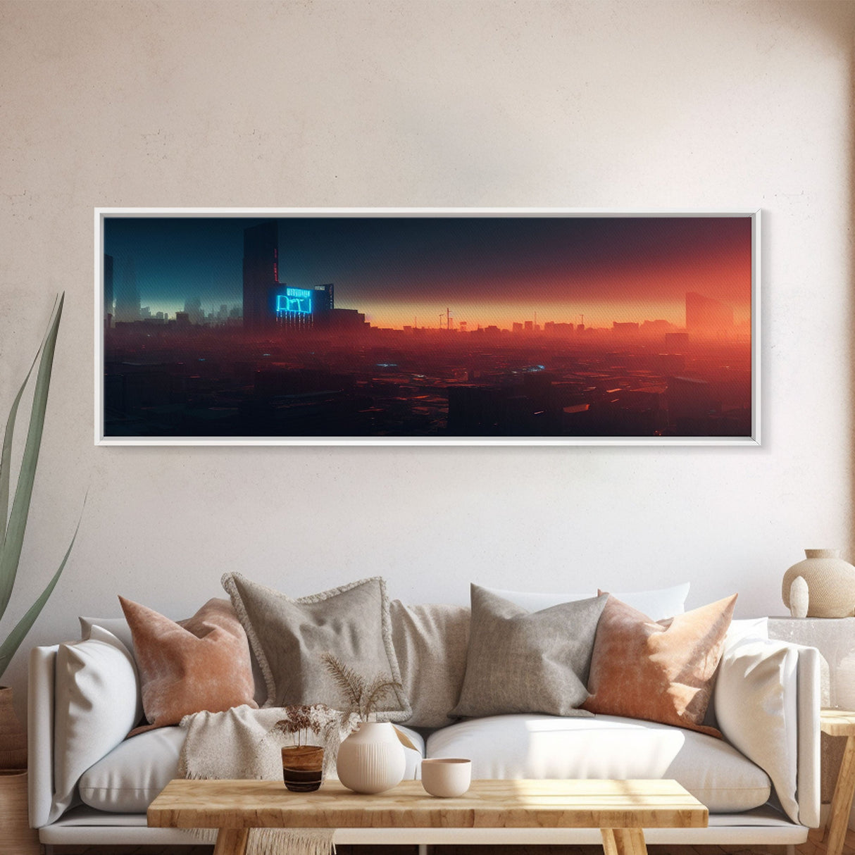 Cyberpunk Cityscape, Ready To Hang Canvas Print, Panoramic, Cyberpunk Concept Art, Cityscape at Sunset, Cool mancave art, gift for him