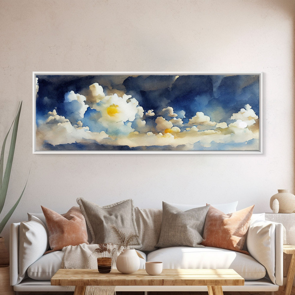 Whimsical Clouds Wall Decor, Ready To Hang Canvas Print, Panoramic, Clouds and Blue Sky, Guest Room Art, Above Bed Art