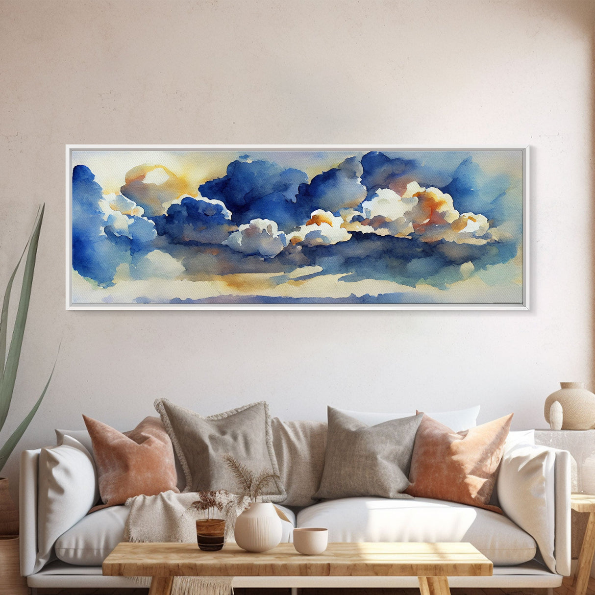 Whimsical Clouds Wall Decor, Ready To Hang Canvas Print, Panoramic, Clouds and Blue Sky, Guest Room Art, Minimalist Decor