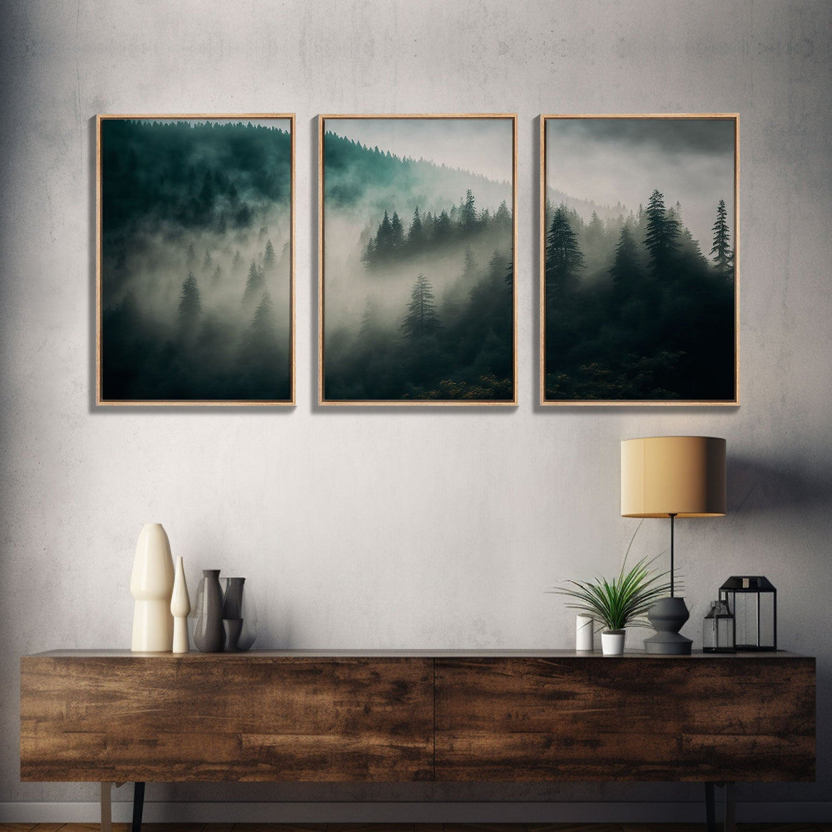 3 piece Misty forest Fog wall art Foggy forest Farmhouse decor Foggy landscape Forest canvas print Multi panel canvas Trendy wall decor