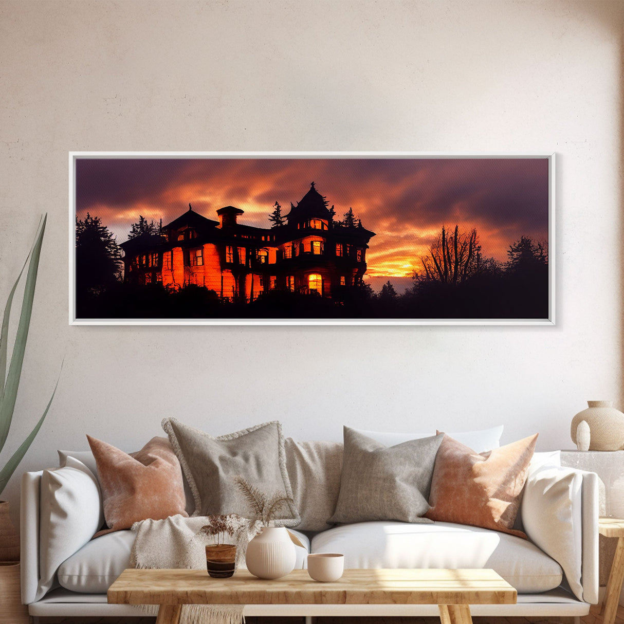 Spooky Haunted House, Panoramic Wall Art Canvas Print, Ready To Hang, Creepy Wall Decor, Gloomy Art