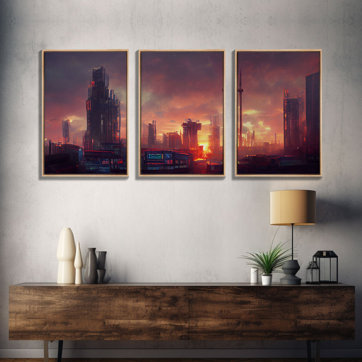 Cyberpunk City, Night City Watercolor, Videogame Concept Art, Watercolor Of a Cyberpunk City 3 Piece Wall Art, Ready To Hang Canvas Print