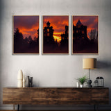 3 Piece Canvas Wall Decor, Ready To Hang Canvas Prints, Victorian Style Haunted House, Spooky Halloween Wall Art Decor