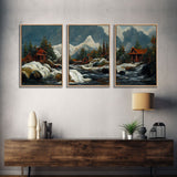 A Winter Landscape, Trees In The Fall, Snow Capped Mountains, Gold Rush Prospecting, 3 Piece Wall Art, Ready To Hang Canvas Print