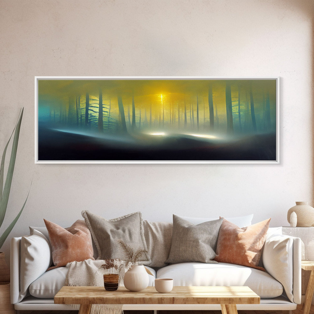 Foggy Forest, UFO Sighting, Ready To Hang Canvas Print, Panoramic Art, Scifi Wall Art