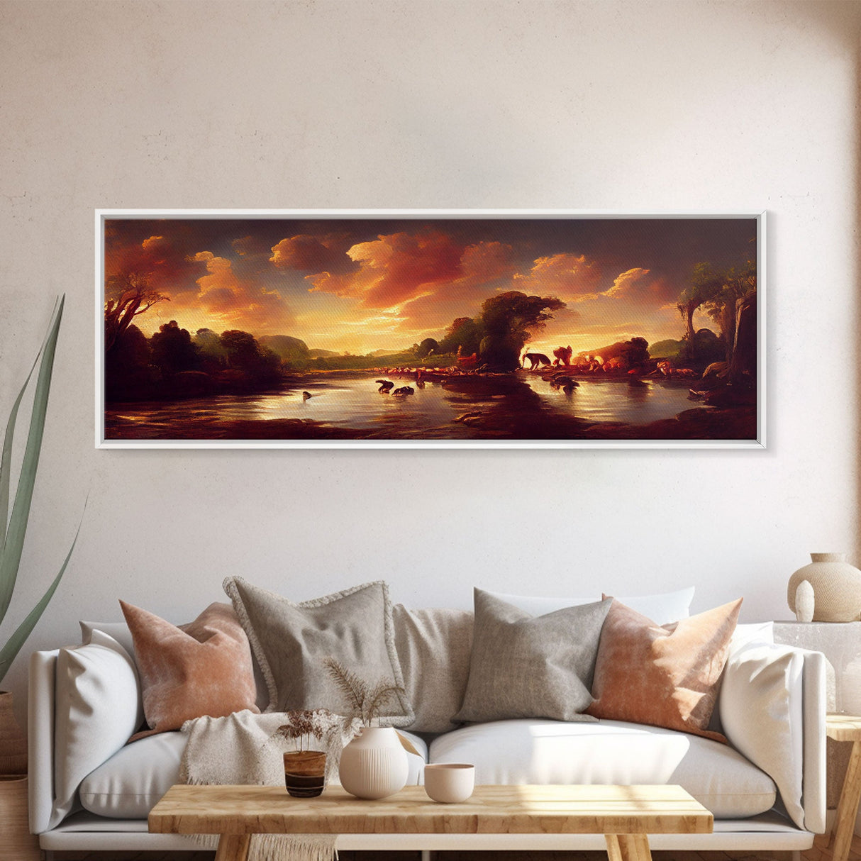 Prehistoric Abstract Landscape Art, Ready To Hang Canvas Print, Panoramic Art, Dinosaurs At Sunset