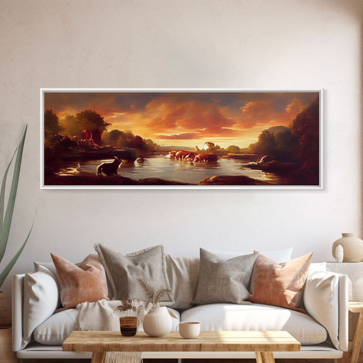 Prehistoric Dinosaur Abstract Landscape Art, Ready To Hang Canvas Print, Panoramic Art, Dinosaurs At Sunset