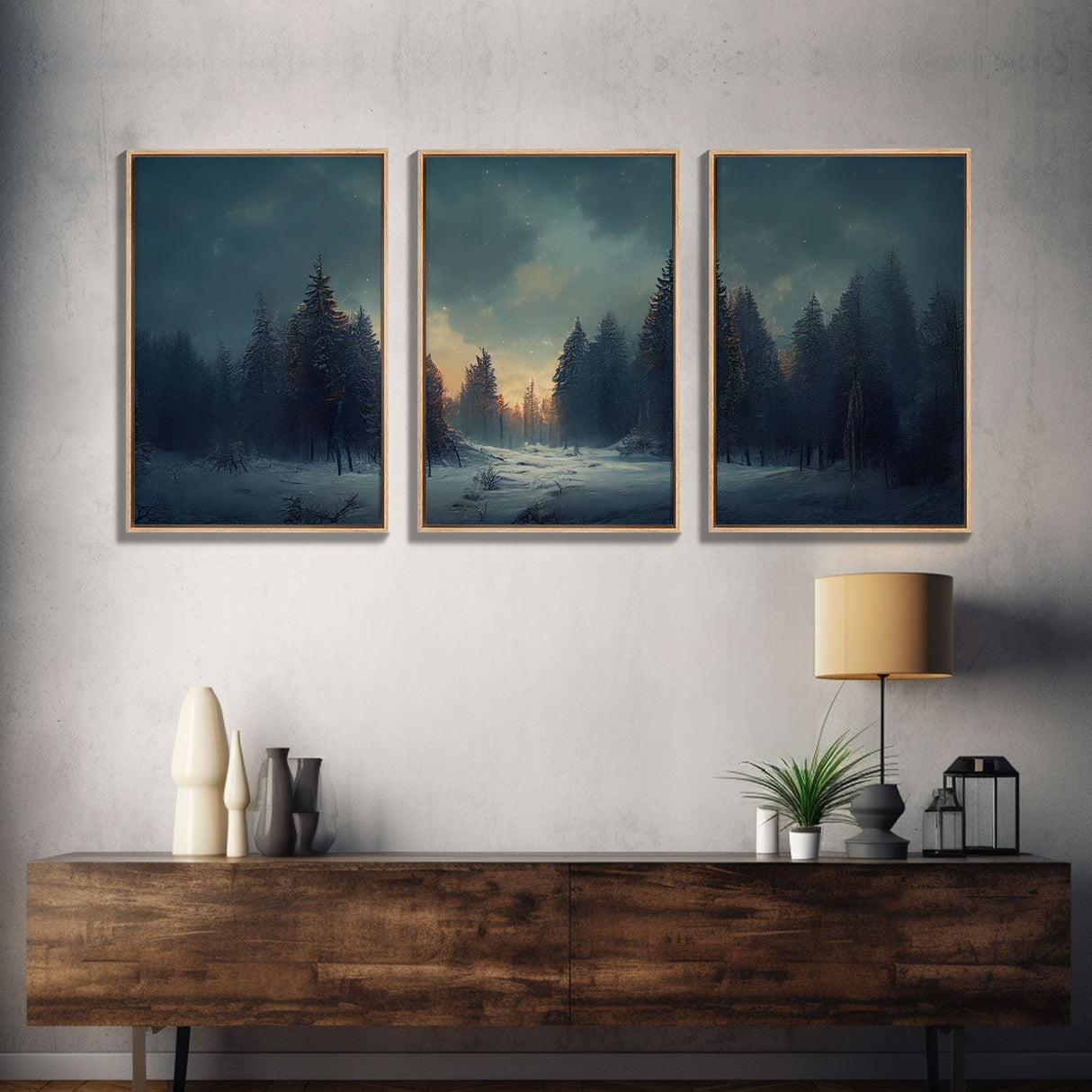 3 Piece Art, Winter Nature Landscape, Framed Canvas Prints, Canvas Art, Large Format Wall Art, Huge Art, Pine Tree Forest Decor