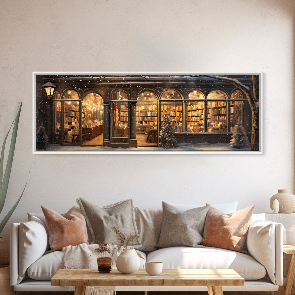 Victorian Library In The Winter, Framed Panoramic Canvas Print, Extra Wide Art, Above Sofa Art, Winter Decor, Christmas Decor, The Book Shop