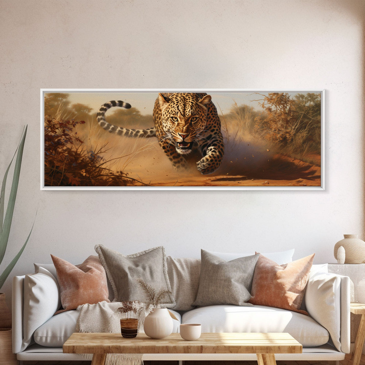 Panoramic Cheetah Wall Art, Framed Canvas Print, Cheetah Painting, Leopard Print