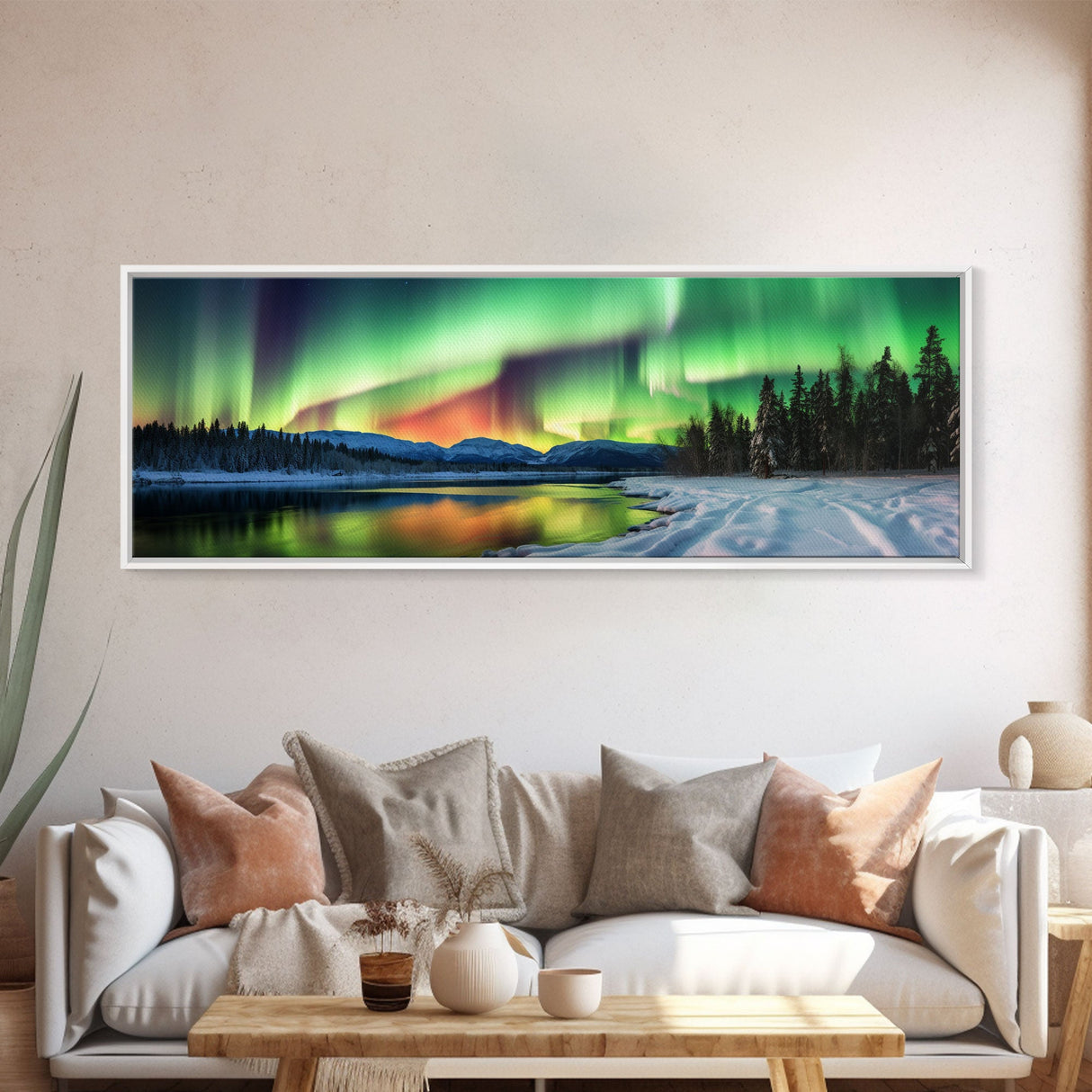 Aurora Borealis, Northern Lights Panoramic Framed Canvas Print, Beautiful Winter Wonderland Landscape Painting