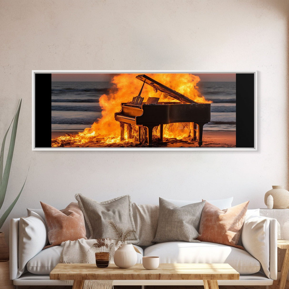 Burning Piano On The Beach, Surreal Art, Framed Canvas Print, Panoramic Wall Art