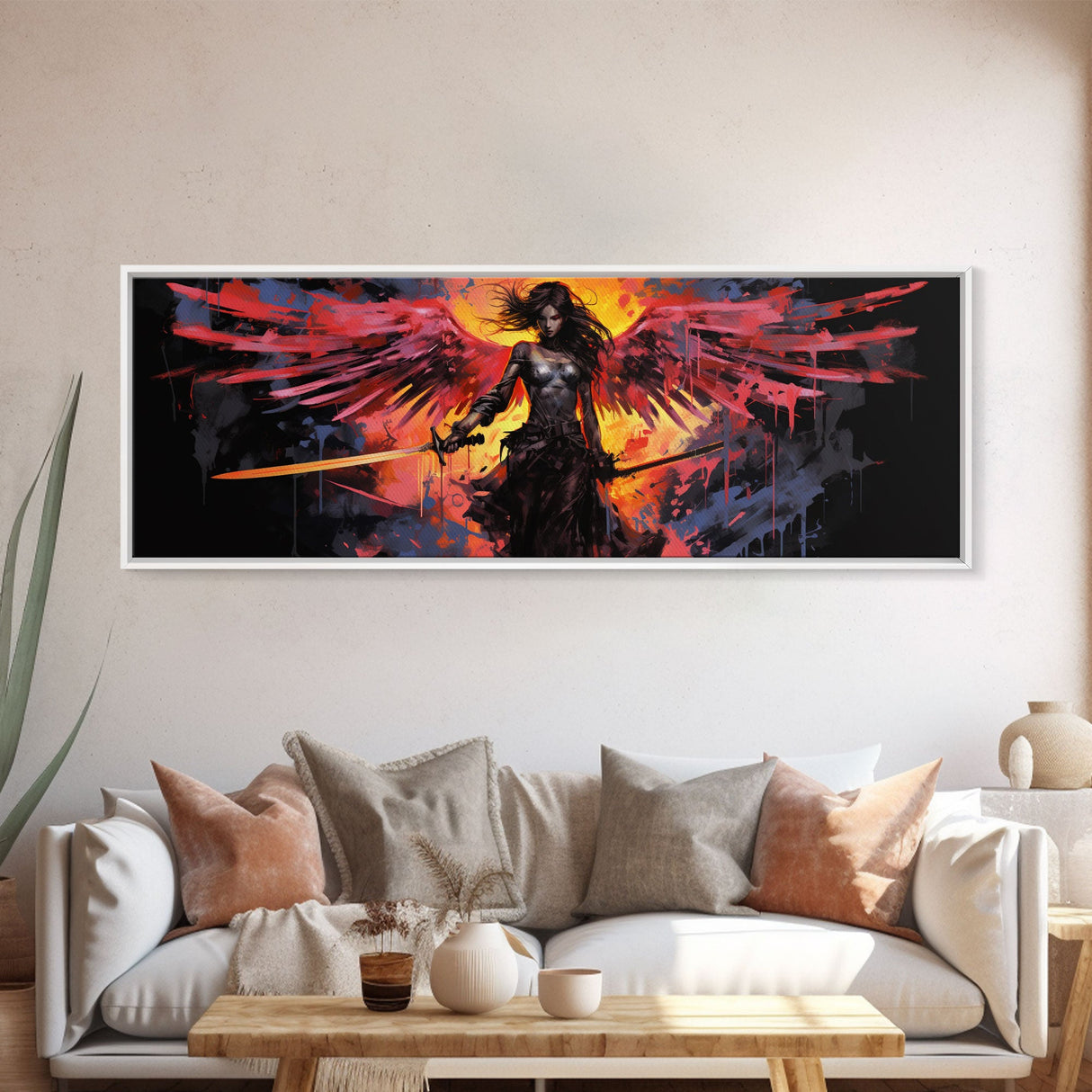 The Battle Angel, Framed Canvas Print, Game Room Art, Panoramic Painting, Panoramic Wall Art, Extra Large Wall Art