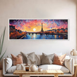 Eiffel Tower Abstract Paris France Panoramic Framed Canvas Print, Van Gogh Inspired Original Painting, Colorful Wall Art