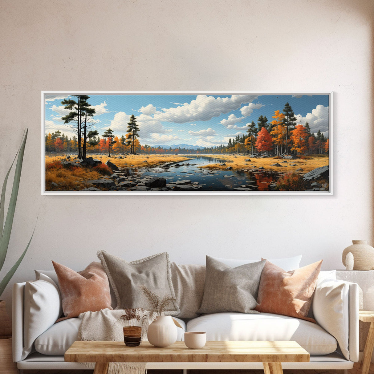 Panoramic Autumn Landscape Painting Framed Canvas Print, Large Wall Art, Fall Centerpiece, Above Fireplace Living Room Art, Mantle Art