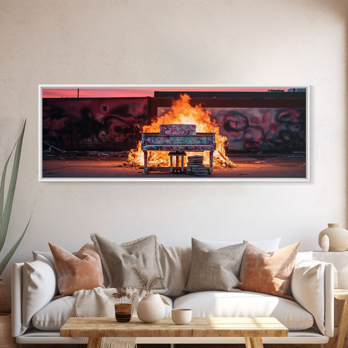 The Burning Piano, Urban Decay Art, Street Art, Framed Canvas Print, Graffiti Art, Panoramic Wall Art