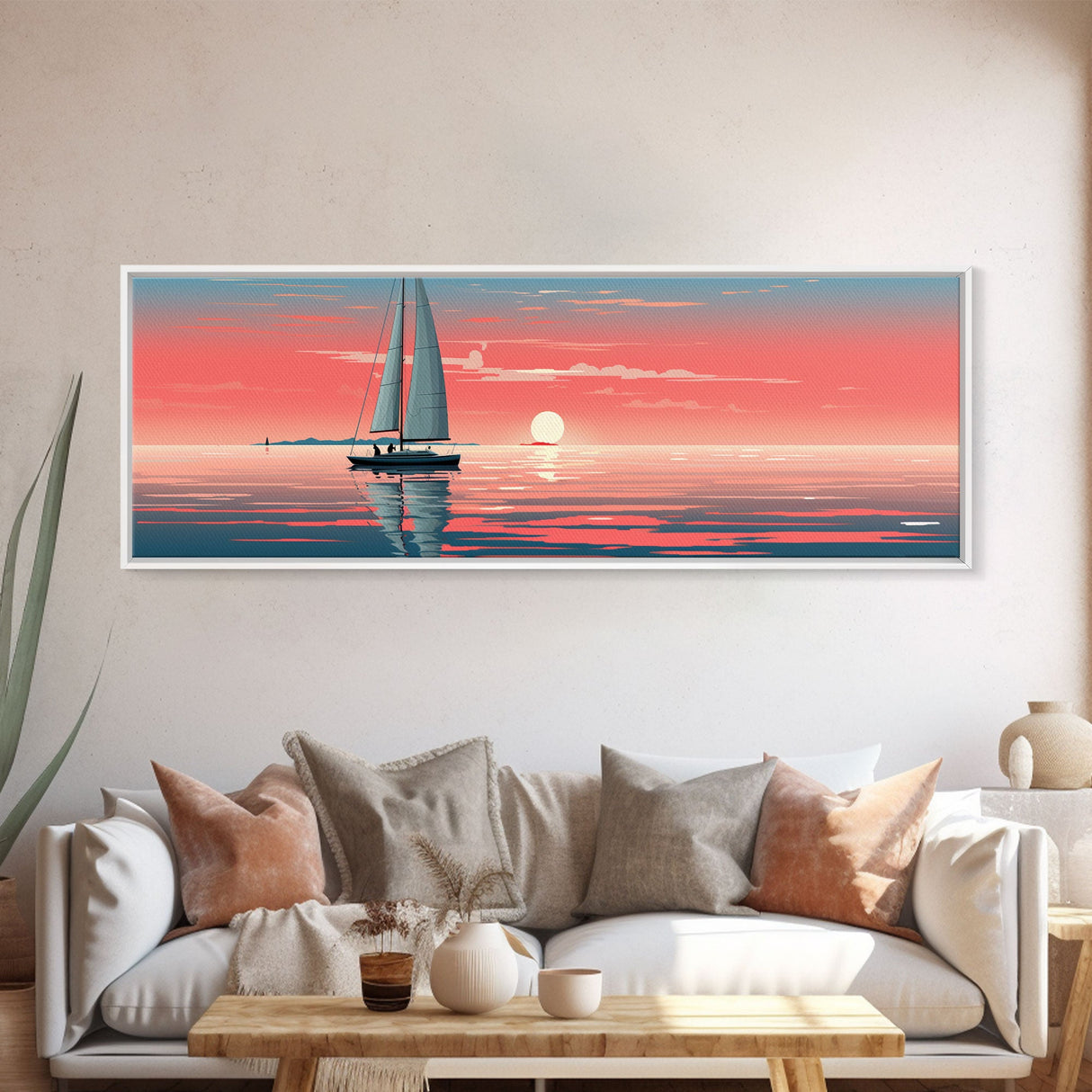 Nautical Decor, Beach Decor, Navy Decor, Coastal Decor, Sailboat At Sunset Framed Canvas Print, Ship Art, Lakehouse Decor, Nautical Painting