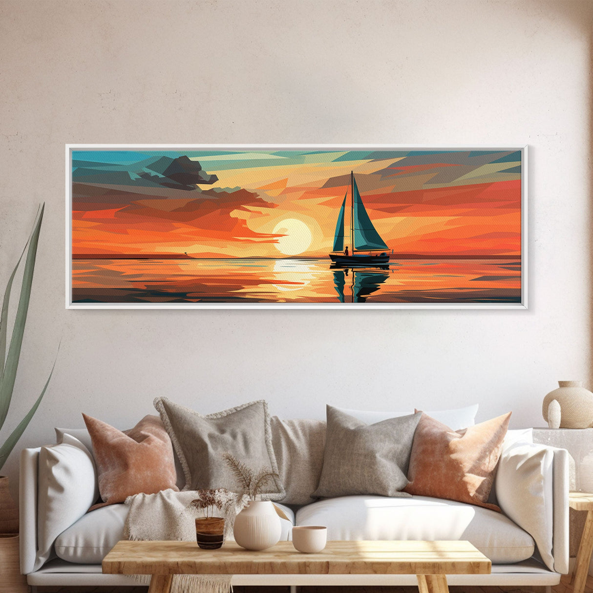 Nautical Decor, Beach Decor, Navy Decor, Coastal Decor, Sailboat At Sunset Framed Canvas Print, Ship Art, Lakehouse Decor, MCM Art