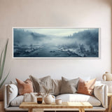 Panoramic Winter Scene Canvas Print, Winter Stream Drone Shot Bird's Eye View, Rustic Winter Centerpiece Wall Art, Panoramic Art