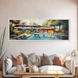 Midcentury Modern Architecture Wall Art, Framed Canvas Print, 50s Style Home Decor, Retro Art, MCM Wall Hanging, Panoramic Art