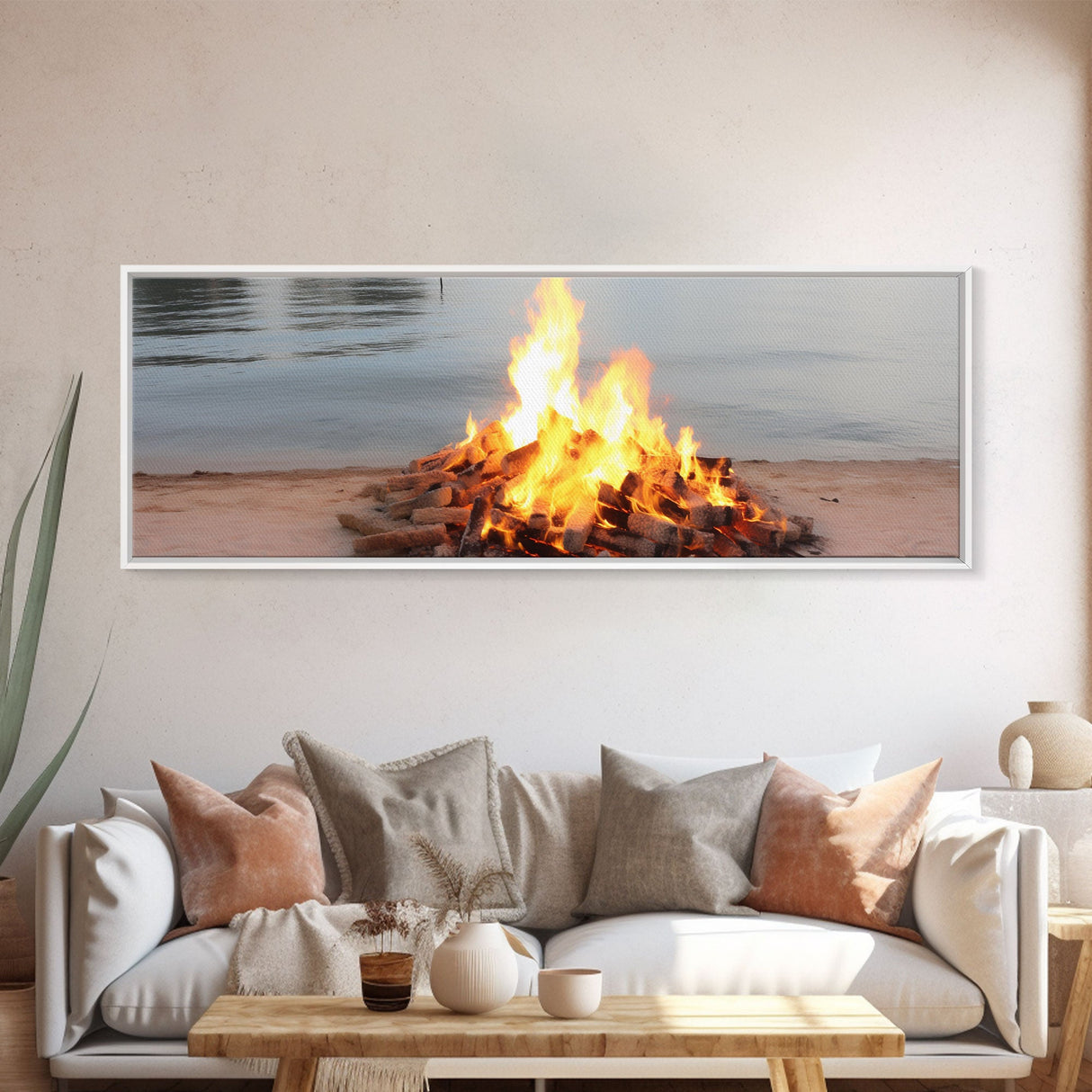 Campfire On The Beach, Framed Canvas Print, Lakehouse Wall Art, Ocean Decor, Ocean Wall Art, Home & Office Decoration